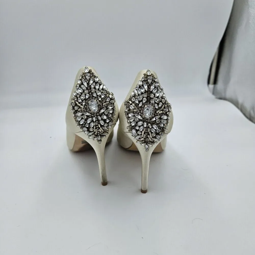 Badgley Mischka Kiara‎ Satin Crystal Open Toe Heels US 9 Bridal Wedding